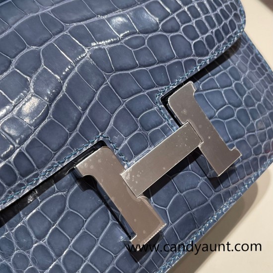 Hermes Constance 19cm Crocodile N7 /Blue Tempete 18cm Full Handmade