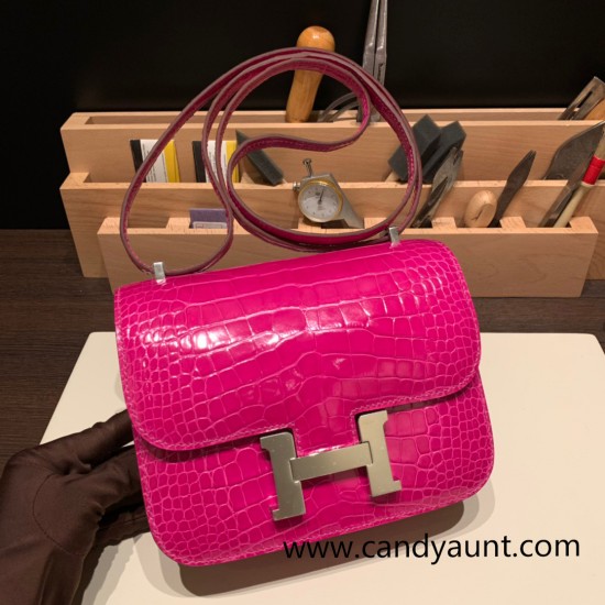 Hermes Constance 19cm Shiny Alligator Crocodile J5 /Rose Scheherazade 18cm Full Handmade