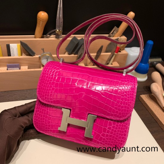 Hermes Constance 19cm Shiny Alligator Crocodile J5 /Rose Scheherazade 18cm Full Handmade