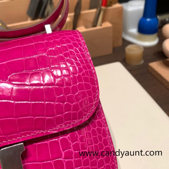 Hermes Constance 19cm Shiny Alligator Crocodile J5 /Rose Scheherazade 18cm Full Handmade