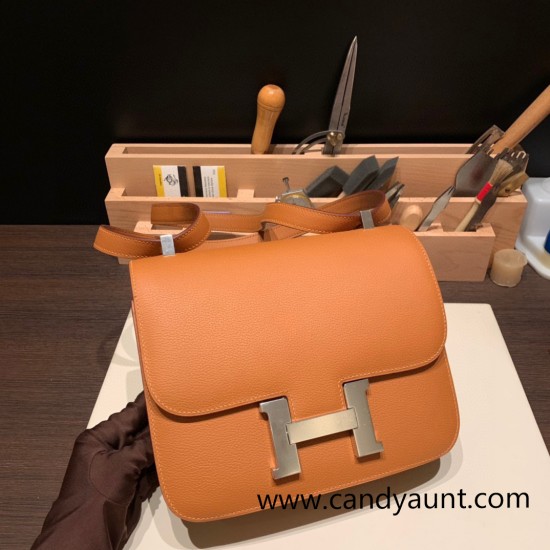 Hermes Constance 24cm Evercolor 1H /Toffee& K4/Rose d’eteSilver Hardware 4