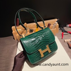 Hermes Constance 24cm Shiny Alligator Crocodile 67 /Vert Fonce Gold Hardware 5