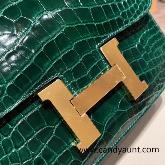 Hermes Constance 24cm Shiny Alligator Crocodile 67 /Vert Fonce Gold Hardware 5