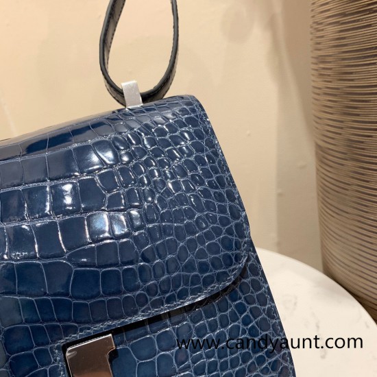 Hermes Constance 24cm Alligator Crocodile N7 /Blue Tempete Silver Hardware 7