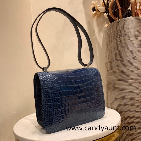 Hermes Constance 24cm Alligator Crocodile N7 /Blue Tempete Silver Hardware 7