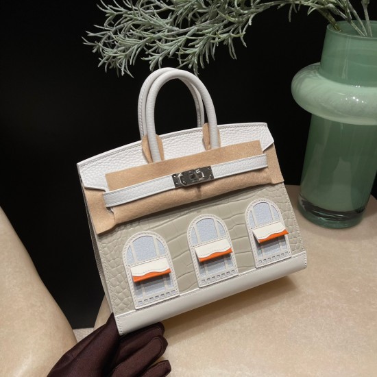 Hermes Birkin Crocodile Small House White Silver Hardware Phw 20cm Full Handmade Faubourg sous la neige