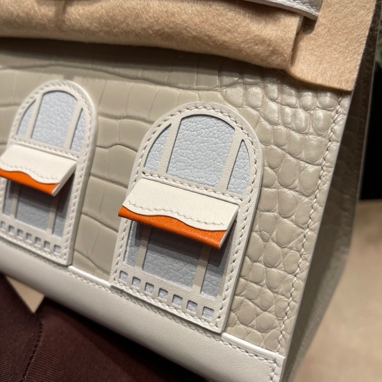 Hermes Birkin Crocodile Small House White Silver Hardware Phw 20cm Full Handmade Faubourg sous la neige