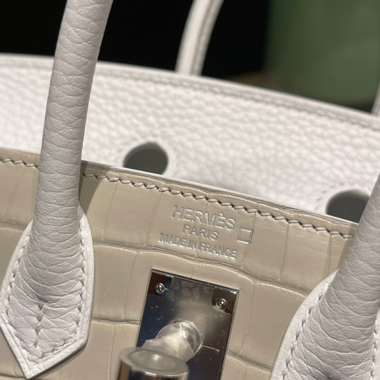 Hermes Birkin Crocodile Small House White Silver Hardware Phw 20cm Full Handmade Faubourg sous la neige