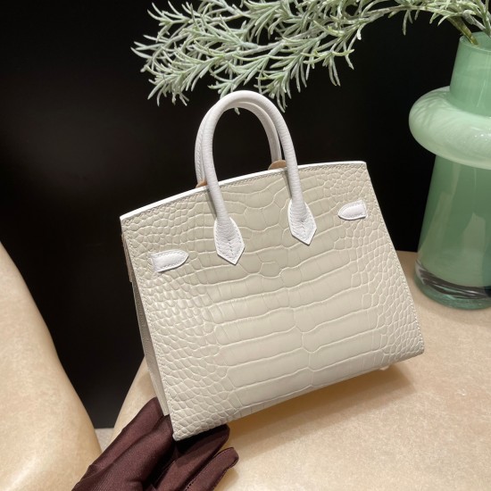 Hermes Birkin Crocodile Small House White Silver Hardware Phw 20cm Full Handmade Faubourg sous la neige