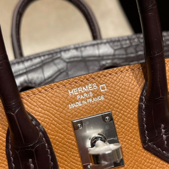 Hermes Birkin Epsom & crocodile Ck37 Golden Brown Silver Hardware Phw 20cm Full Handmade Faubourg sous la neige