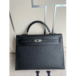 Hermes Kelly Ostrich kk ck89 Noir Silver Hardware PHW 35cm Full Handmade