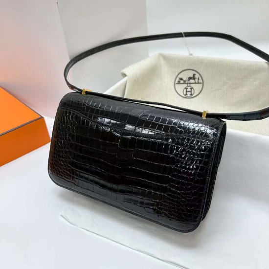 Hermes Constance elan shiny porosus crocodile Ck89 Black Gold Hardware 26cm Full Handmade