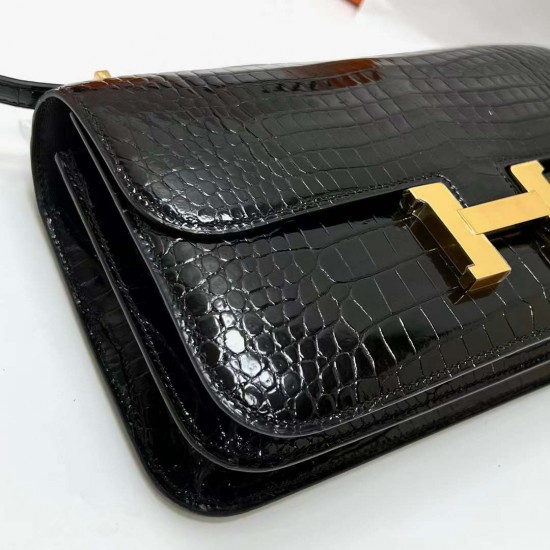 Hermes Constance elan shiny porosus crocodile Ck89 Black Gold Hardware 26cm Full Handmade