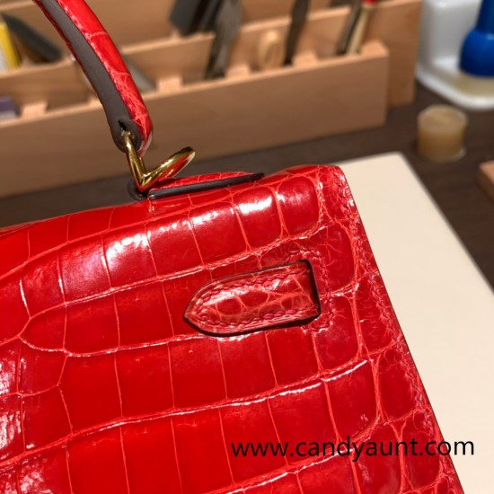 Hermes Kelly 25cm sellier Crocodile Niloticus 95 /Braise Gold Hardware Full Handmade 002