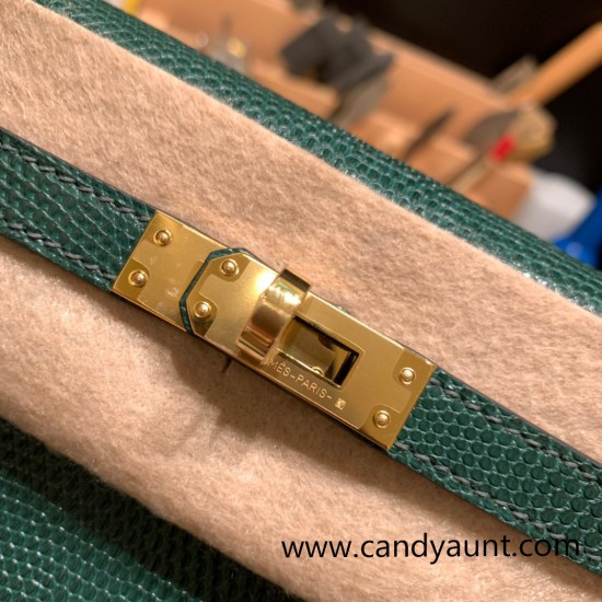 Hermes Kelly 25cm sellier Lizard 2Q /Vert Anglais Gold Hardware Full Handmade 005