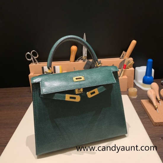 Hermes Kelly 25cm sellier Lizard 2Q /Vert Anglais Gold Hardware Full Handmade 005