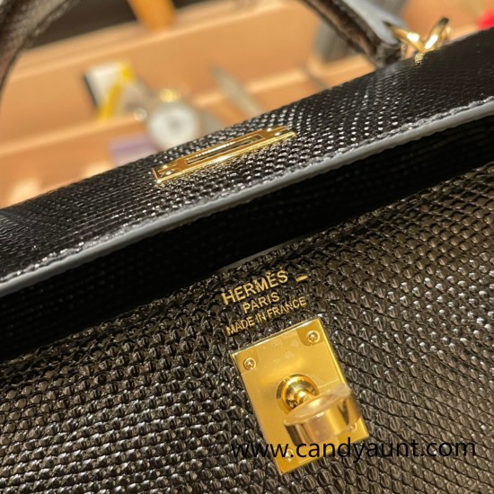 Hermes Kelly 25cm sellier Lizard 89 /Black (Noir) Gold Hardware Full Handmade 006