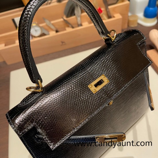 Hermes Kelly 25cm sellier Lizard 89 /Black (Noir) Gold Hardware Full Handmade 006