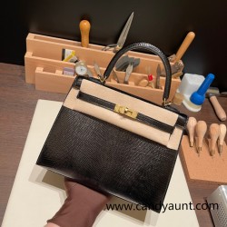 Hermes Kelly 25cm sellier Lizard 89 /Black (Noir) Gold Hardware Full Handmade 006