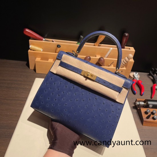 Hermes Kelly 25cm sellier Ostrich 73/ Blue Saphir Gold Hardware Full Handmade 008