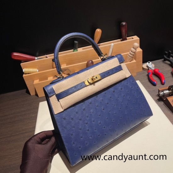 Hermes Kelly 25cm sellier Ostrich 73/ Blue Saphir Gold Hardware Full Handmade 008