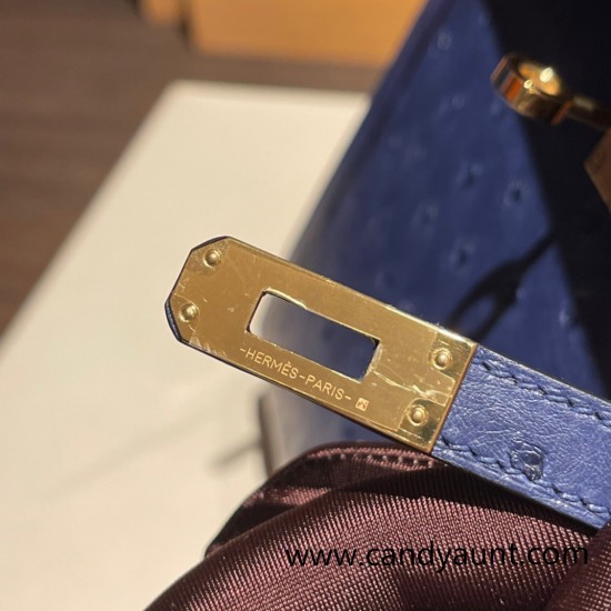 Hermes Kelly 25cm sellier Ostrich 73/ Blue Saphir Gold Hardware Full Handmade 008