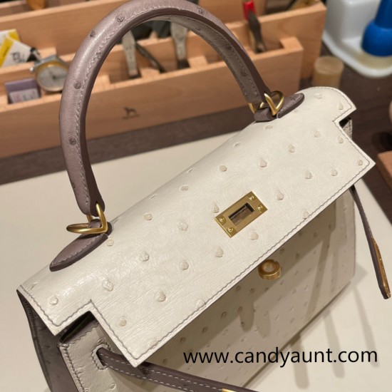 Hermes Kelly 25cm sellier Ostrich 3C/ Parchemin& M8/Gris Asphalt Gold Hardware  Full Handmade 010