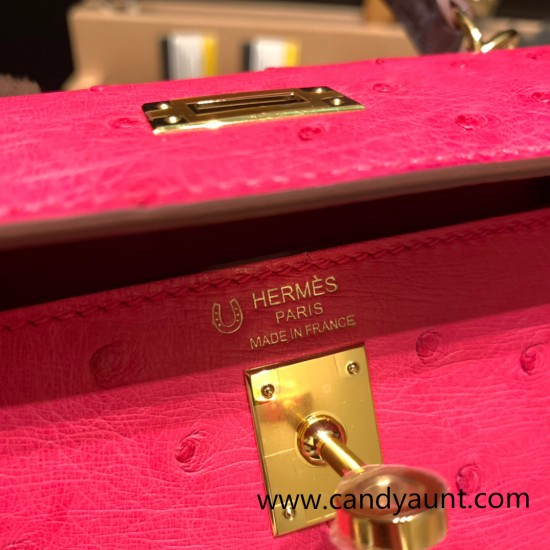 Hermes Kelly 25cm sellier Ostrich 82 /Gris Agate& 0D/Rose Mexico Gold Hardware Full Handmade 012