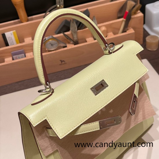 Hermes Kelly 25cm sellier Chevre R9 /Jaune Bourgeon Silver Hardware Full Handmade 016