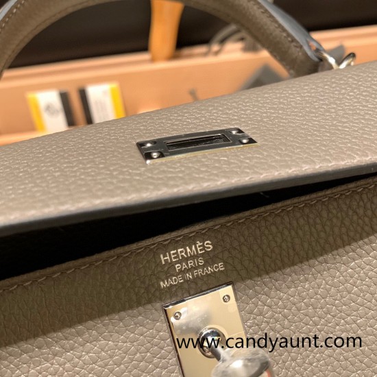 Hermes Kelly 25cm togo 8F /Etain Silver Hardware Full Handmade 018