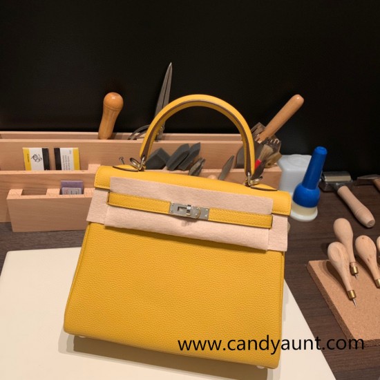 Hermes Kelly 25cm togo 9D /Jaune Ambre Silver Hardware Full Handmade 027