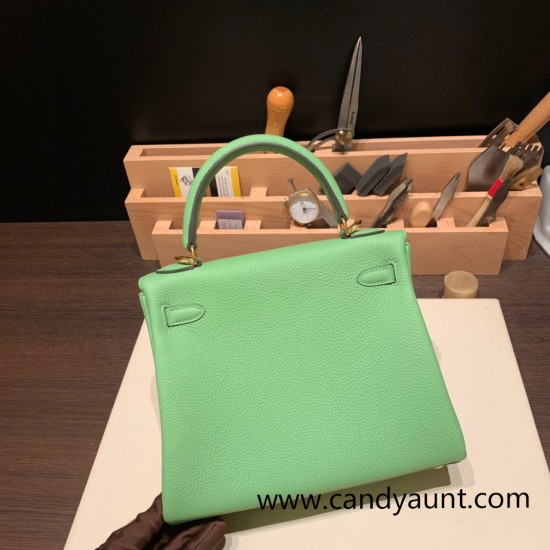 Hermes Kelly 25cm togo 3I/ Vert Criquet Gold Hardware Full Handmade 037