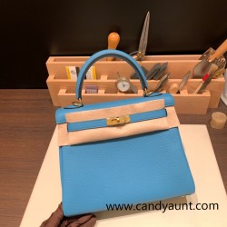 Hermes Kelly 25cm togo 7B /Turquoise Blue Gold Hardware Full Handmade 038