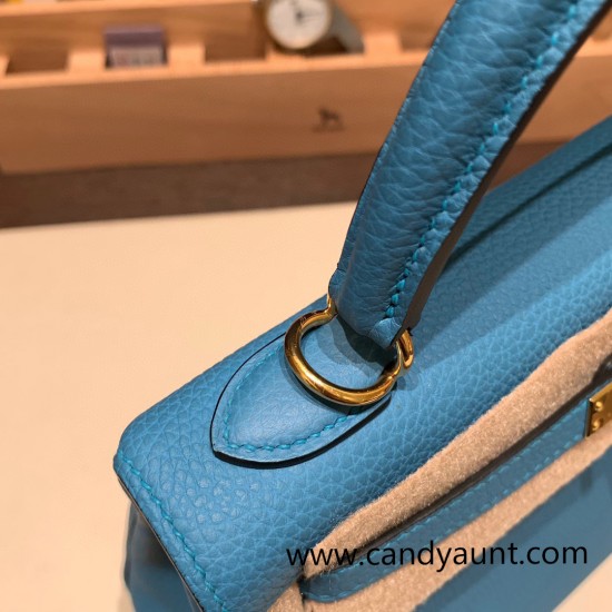 Hermes Kelly 25cm togo 7B /Turquoise Blue Gold Hardware Full Handmade 038