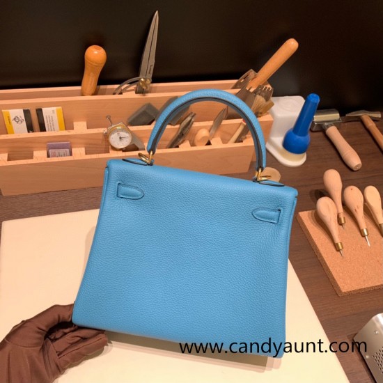 Hermes Kelly 25cm togo 7B /Turquoise Blue Gold Hardware Full Handmade 038