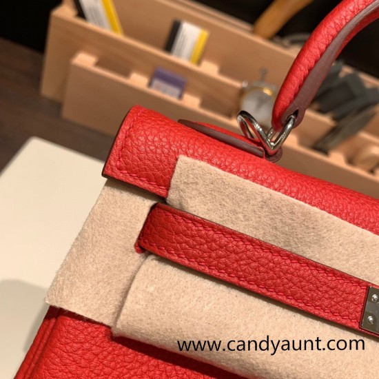 Hermes Kelly 25cm togo S3/Rouge Cœur Silver Hardware Full Handmade 039