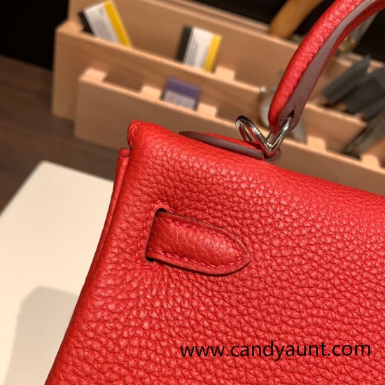 Hermes Kelly 25cm togo S3/Rouge Cœur Silver Hardware Full Handmade 039