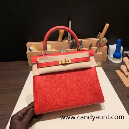 Hermes Kelly 25cm togo S3/Rouge Cœur Gold Hardware Full Handmade 040