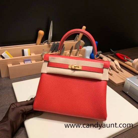 Hermes Kelly 25cm togo S3/Rouge Cœur Gold Hardware Full Handmade 040