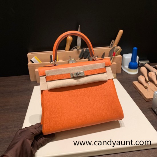 Hermes Kelly 25cm togo 93 /Orange Silver Hardware Full Handmade 041