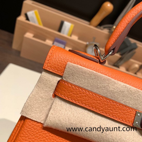 Hermes Kelly 25cm togo 93 /Orange Silver Hardware Full Handmade 041