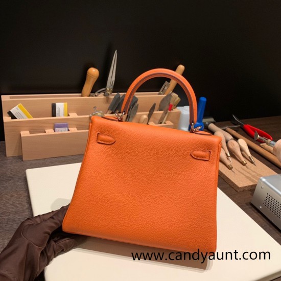 Hermes Kelly 25cm togo 93 /Orange Silver Hardware Full Handmade 041