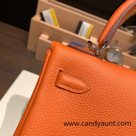 Hermes Kelly 25cm togo 93 /Orange Silver Hardware Full Handmade 041