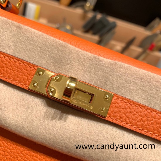 Hermes Kelly 25cm togo 93 /Orange Gold Hardware Full Handmade 042