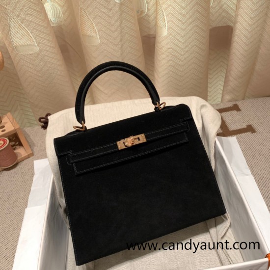 Hermes Kelly 25cm sellier chamois 89 /Black Rosegold Hardware Full Handmade 044