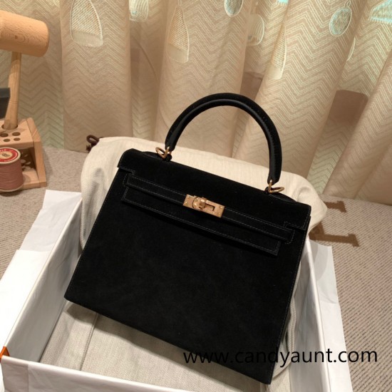 Hermes Kelly 25cm sellier chamois 89 /Black Rosegold Hardware Full Handmade 044