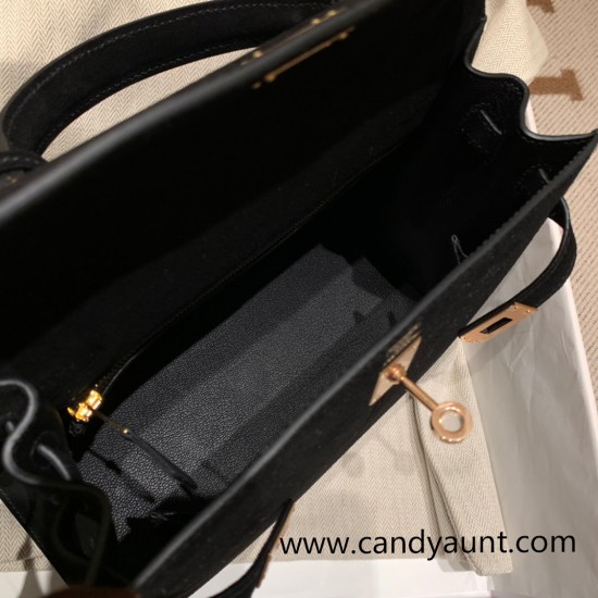 Hermes Kelly 25cm sellier chamois 89 /Black Rosegold Hardware Full Handmade 044