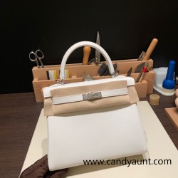 Hermes Kelly 25cm swift 01 /White (Blanc) Silver Hardware Full Handmade 047