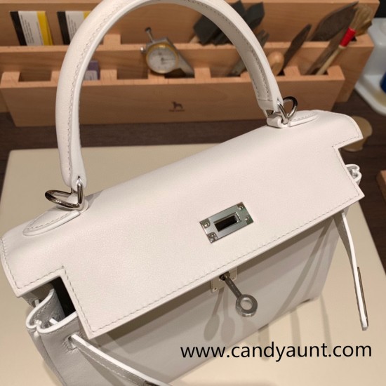 Hermes Kelly 25cm swift 01 /White (Blanc) Silver Hardware Full Handmade 047