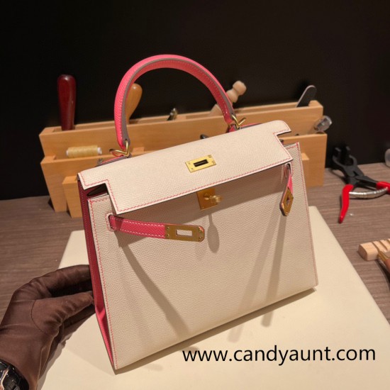 Hermes Kelly 25cm sellier swift 10 /Craie & 8W/ Rose Azalee Gold Hardware Full Handmade 050